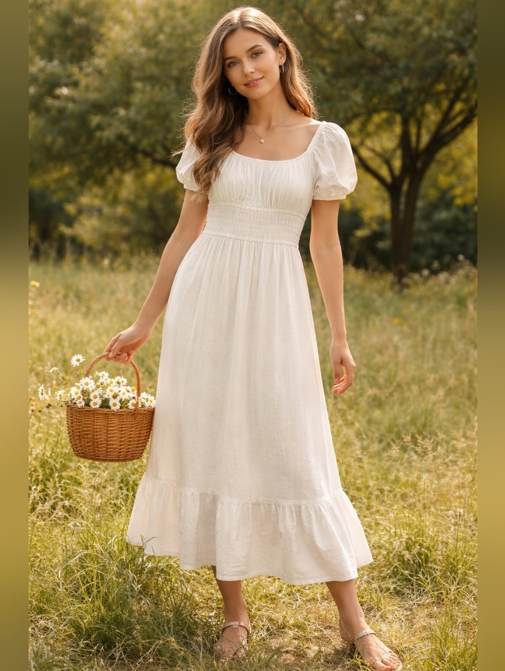 Sim & Sam Vintage Milkmaid Peasant Cottagecore Linen Blend Midi Dress Boho